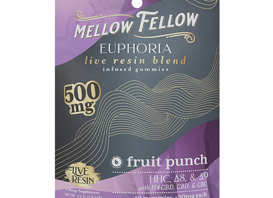 Mellow Fellow Euphoria Blend Gummies packaging, featuring 500mg fruit punch flavor. Purple and dark blue design with gold accents, showcasing live resin blend infused gummies containing HHC, Delta-8, Delta-9, H4CBD, CBD, and CBG.