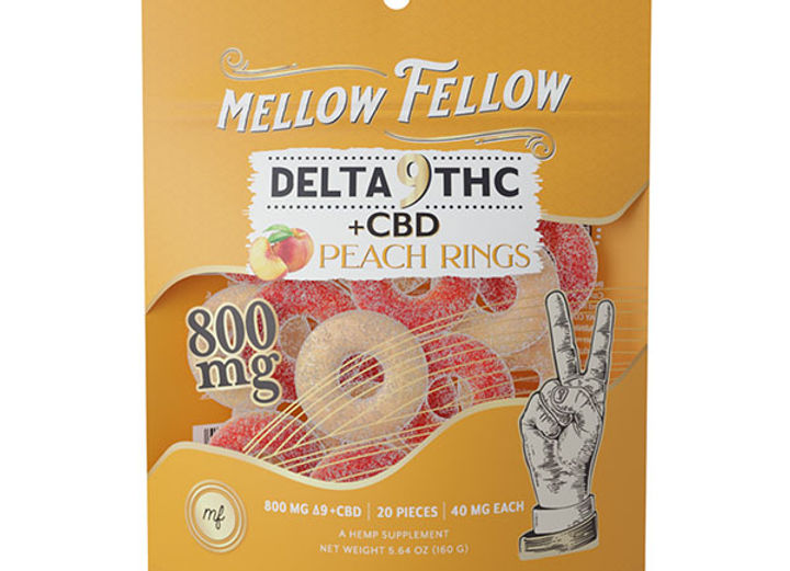 Mellow Fellow Delta 9 THC and CBD peach ring gummies package, featuring 800mg total content, 20 pieces, and a peace sign hand illustration on a vibrant yellow background.