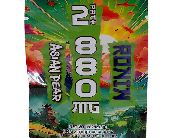 Vibrant packaging for Ronin THCa Gummies, featuring colorful splashes, 2800mg strength, Asian pear flavor, and a warning label. The design includes bold text and a dynamic background with mountain silhouettes.