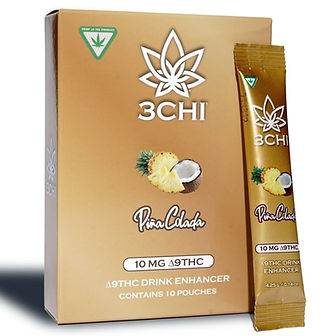 A gold-colored box of 3CHI Delta-9 THC Flavored Drink Enhancer, featuring pineapple and coconut imagery. The box displays the 3CHI logo, product name, and indicates it contains 10 pouches of 10mg Delta-9 THC drink enhancer. A single product pouch is shown next to the box.