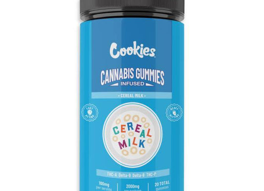 Blue jar of Cookies brand Cannabis Gummies infused with Cereal Milk flavor, containing 2000mg THC in 20 pieces, with colorful cereal-inspired logo on the label