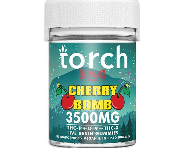 Torch brand Cherry Bomb gummies container, 3500mg THC-P, D-9, THC-X, live resin infused, vegan, teal background with palm trees and fireworks, white lid