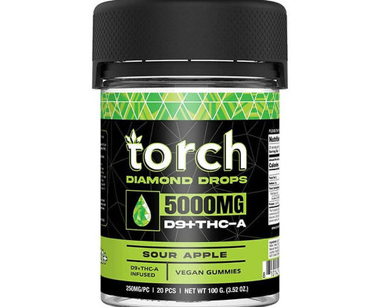 Torch Diamond Drops THCa gummies jar, 5000mg strength, sour apple flavor, vegan, with green diamond pattern and black label design, containing 20 pieces of D9+THC-A gummies