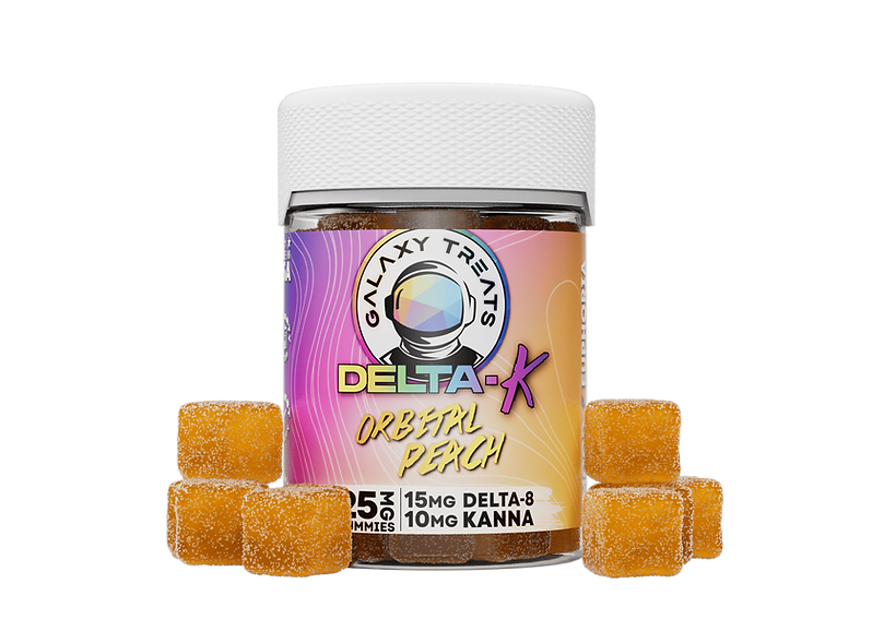 Galaxy Treats Delta K Orbital Peach gummies jar with vibrant pink and orange packaging, surrounded by golden-orange peach-flavored gummy cubes. Product contains 15mg Delta-8 THC and 10mg Kanna per piece, showcasing a space-themed design with astronaut logo.