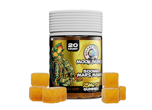 Jar of Mars Mango Delta 8 THC gummies with 20 count, 500mg total content, featuring space-themed label design. Orange, cube-shaped gummies displayed in front of the container.