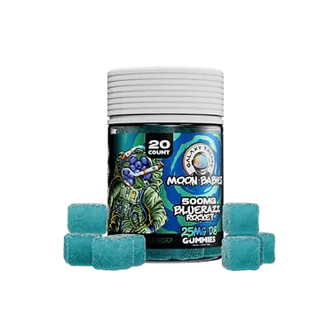 BlueRazz Rocket Moon Babies Delta 8 THC gummies jar with cartoon astronaut on label, surrounded by blue cube-shaped gummies. 20-count jar of 25mg Delta 8 THC edibles with space-themed branding and cosmic blue color.