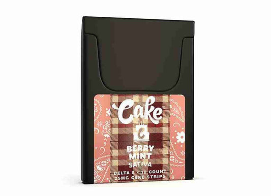 Cake Delta 8 oral strips package in black and pink, featuring 20 pieces of Berry Mint flavor. The product box displays a plaid pattern with floral designs and clear branding, highlighting the Delta 8 content and cake strip format.