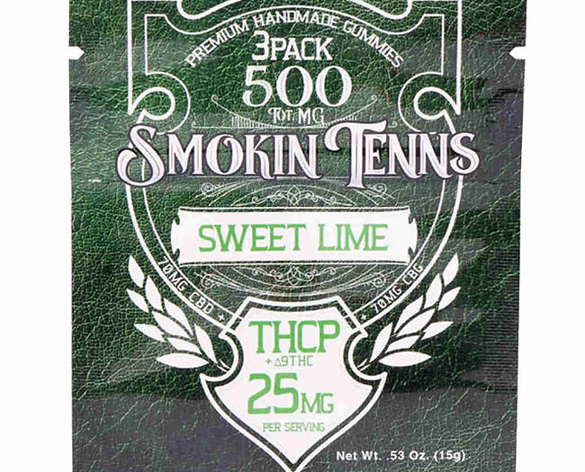 Smokin Tenns THCP gummies package, 3-pack, 500mg total, Sweet Lime flavor, 25mg per serving, premium handmade gummies, green textured background with ornate white label design