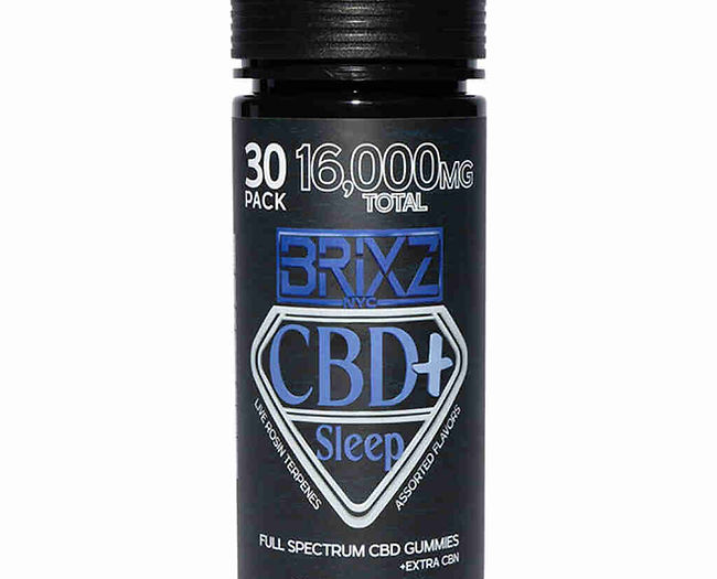 BRIXZ CBD+ Sleep gummies in black container, 30-pack with 16,000mg total CBD, full spectrum formula for improved sleep, featuring blue and white logo design on label