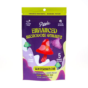 Colorful package of Purple Magic Enhanced Microdose Mushroom Gummies, featuring vibrant watermelon flavor and psychedelic mushroom imagery on a purple background, containing 5 gummies with 3000mg total potency.