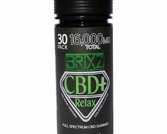 Black bottle of BRIXZ CBD+ Relax gummies, 30-pack with 16,000mg total CBD. Green and white label features hexagonal logo. Full spectrum CBD gummies for relaxation.