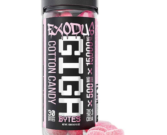 Clear plastic jar containing pink Exodus Giga Bytes gummies, 15000mg strength, 30 pieces. Label shows product name in bold white text against black background. Pink sugar-coated gummies visible inside and outside the jar.