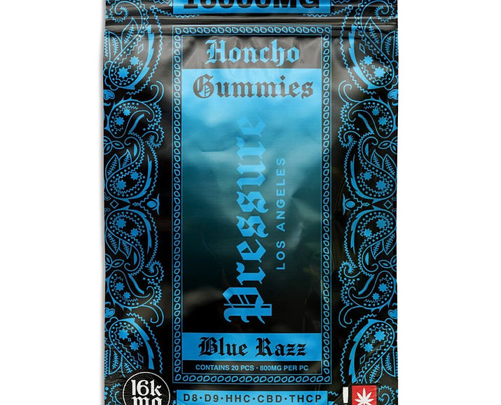 Pressure LA 16000mg Honcho Gummies packaging in blue and black with ornate border design, featuring product name, flavor 'Blue Razz', and cannabinoid content details. Elegant gothic-style typography on a gradient blue background.