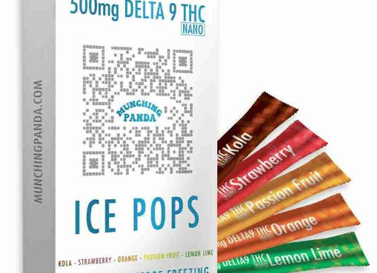 Colorful Munching Panda Delta 9 Ice Pops box featuring QR code and five vibrant flavors: Kola, Strawberry, Orange, Passion Fruit, and Lemon Lime. Product contains 500mg THC Nano. Refreshing frozen treats for summer enjoyment.