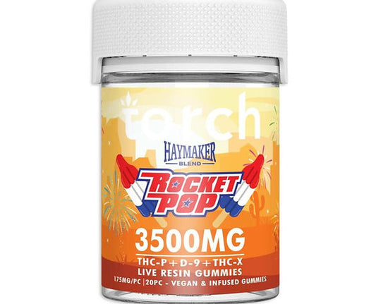 Torch Haymaker Blend Rocket Pop gummies, 3500mg THC-P+D-9+THC-X, live resin, 20pc, vegan and infused. White jar with colorful label featuring orange sunset and fireworks. High-potency cannabis edibles for adult use.