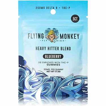 Flying Monkey Heavy Hitter Blend blueberry gummies packaging featuring 250mg Delta 8 + THC-P, 5CT, with a colorful monkey logo and swirling blue water design. Product contains 50mg per gummy, net weight 17.5g.