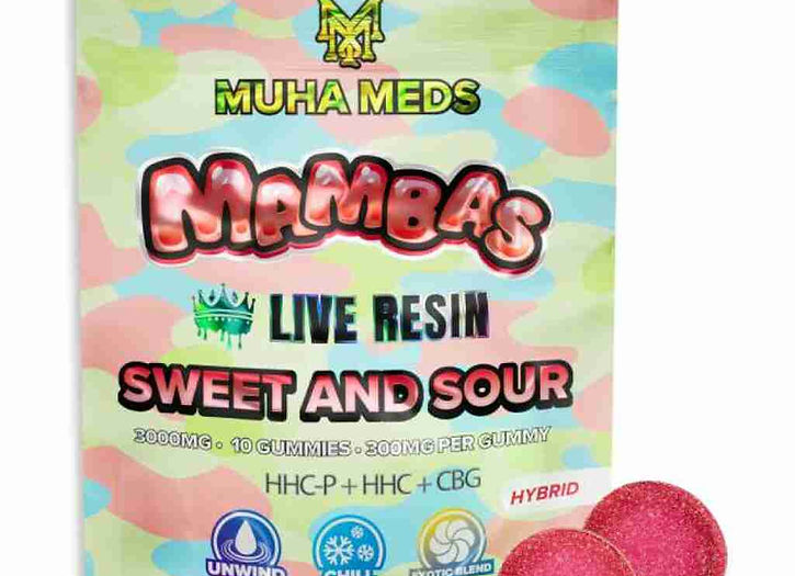 Muha Meds Mambas Live Resin gummies package with colorful design, featuring sweet and sour flavor, 3000mg cannabinoids, 10 pieces, and product details. Image shows two red gummy pieces below the package.