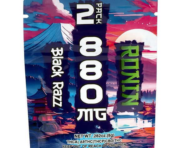 Colorful package of Ronin THCa Gummies featuring vibrant Asian-inspired landscape with mountains, pagoda, and sunset. Prominently displays "2800 MG" and "Black Razz" flavor. Stylized "RONIN" branding in green against dark background.