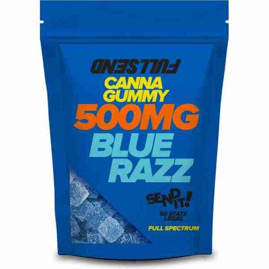 Blue resealable bag of OneStiK Canna Gummy 500MG Blue Razz flavor, full spectrum edibles. Clear window shows blue sugar-coated gummies inside. Bold text on package highlights product details and strength.