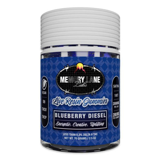 Memory Lane Delta-9 vegan gummies jar, 2000mg, 10 pieces, Blueberry Diesel flavor, live resin concentrate, blue diamond pattern label, white lid, product information displayed