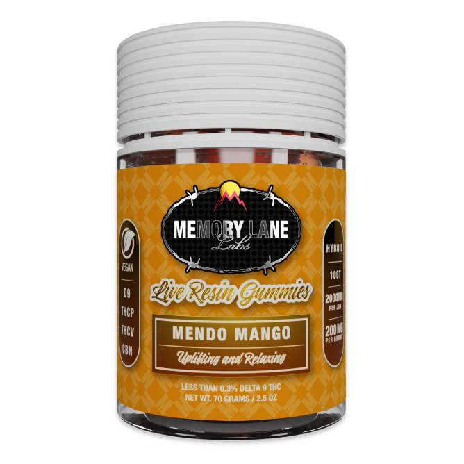 Memory Lane Delta-9 Live Resin Gummies, Mendo Mango flavor, 2000mg total, 10 pieces, vegan, potent and tasty, white and orange container with product details and brand logo