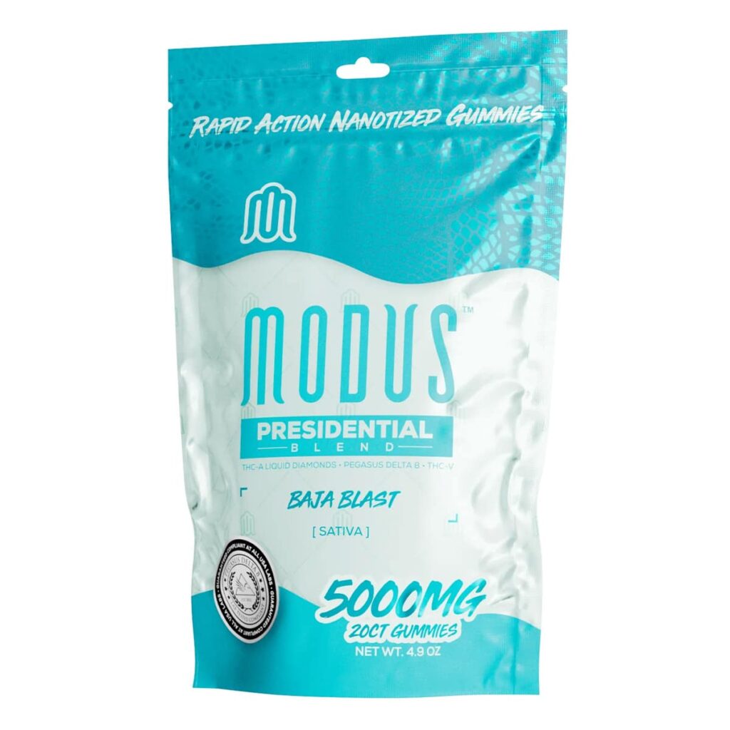 Modus Presidential Blend THCa Liquid Diamonds Gummies packaging, 5000mg, teal and white resealable pouch, featuring rapid action nanotized gummies, Baja Blast flavor, sativa strain, with brand logo and product details prominently displayed