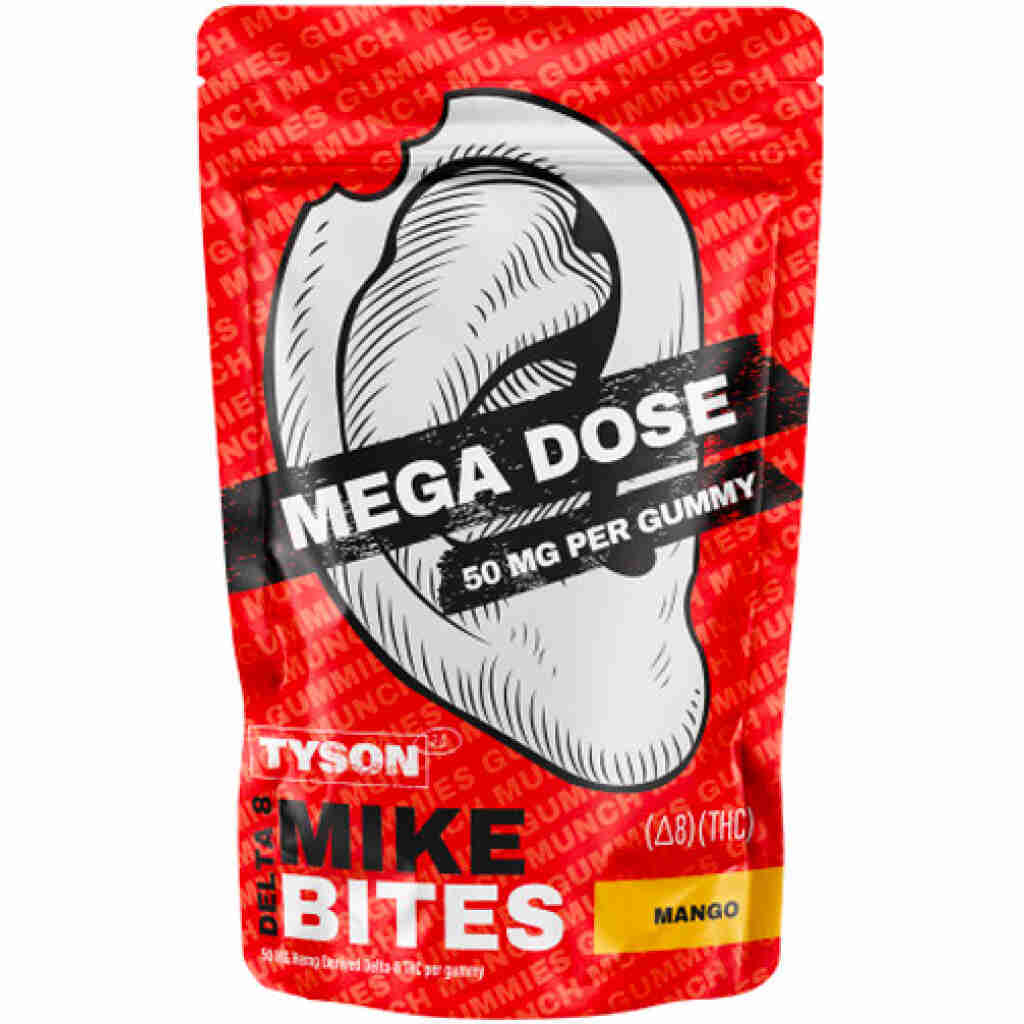 Red packaging of Tyson Mike Bites Mega Dose Delta 8 gummies featuring a large illustrated ear with a bite taken out. The product name and dosage are prominently displayed, with 'Mango' flavor indicated at the bottom.