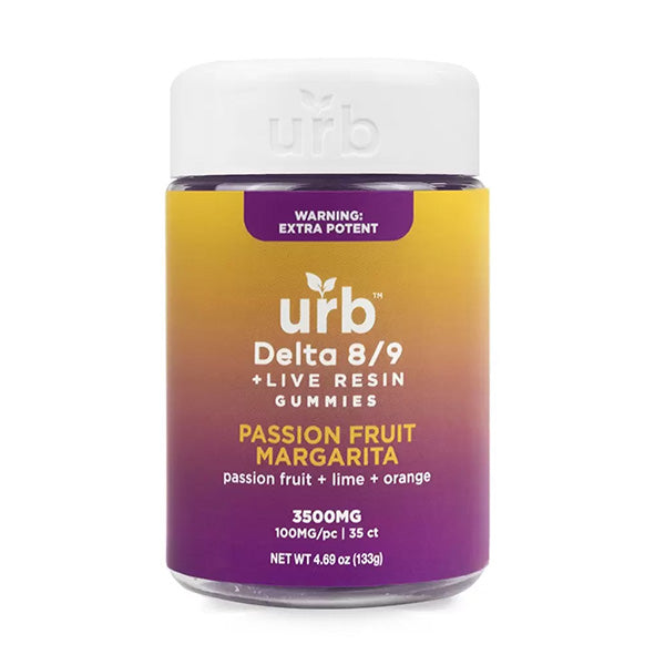 URB Delta 8/9 Live Resin Gummies jar, Passion Fruit Margarita flavor, 3500mg, 35 count, with warning label and product details on gradient yellow and purple background