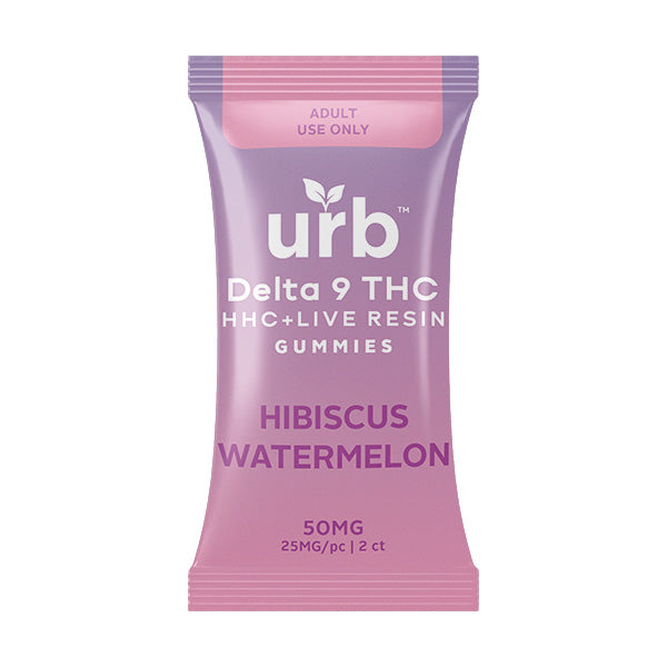 Purple package of Urb Delta 9 THC and HHC Live Resin Gummies in Hibiscus Watermelon flavor, containing 50mg total in 2 gummies, marked for adult use only