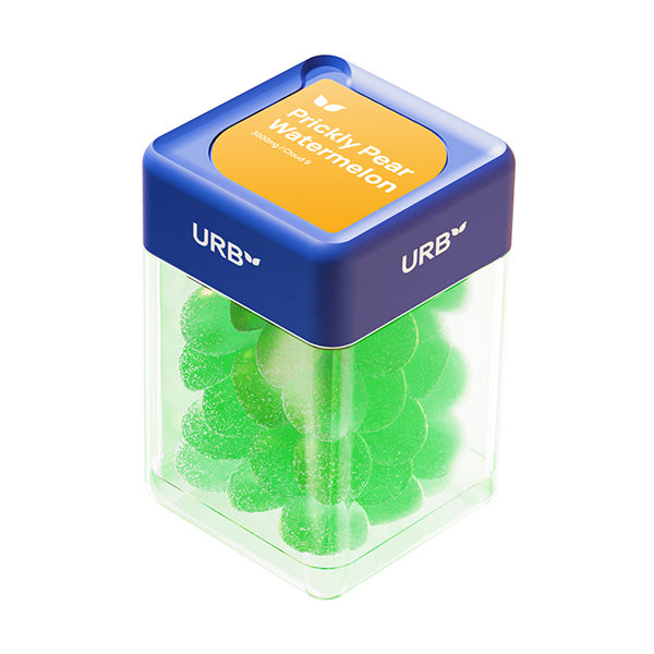 Urb Cloud 9 Skybites Gummies jar containing 30 bright green gummies, with a blue lid displaying the URB logo and product name. Clear container showcases 3000mg total THC content, 100mg per gummy.