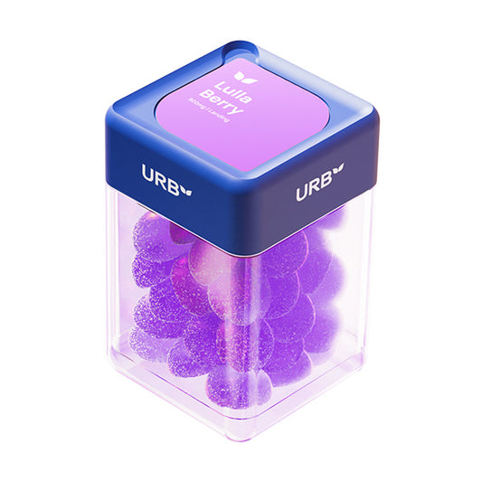 URB Landing Skybites Gummies jar containing 30 purple gummies, 900mg total, with Delta-9 THC, CBN, CBD, and melatonin blend. Blue and purple packaging design with clear container showing product inside.