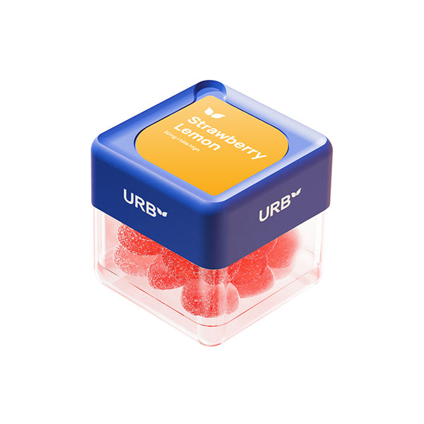 URB Mile High Skybites Gummies in a clear cube container with blue lid, showing strawberry lemon flavor. Contains 10 red gummies, each with 5mg total cannabinoids including D9 and THCP. Product image for Shopify listing.